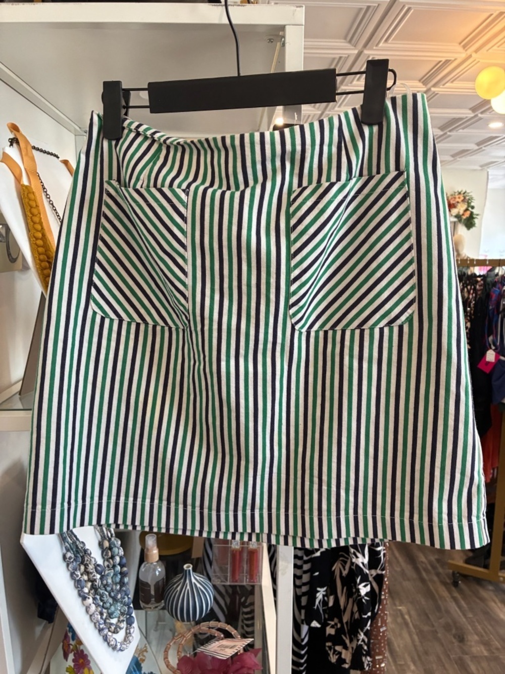 Urban Outfitters Green Navy White Striped Mini Skirt with front pockets
